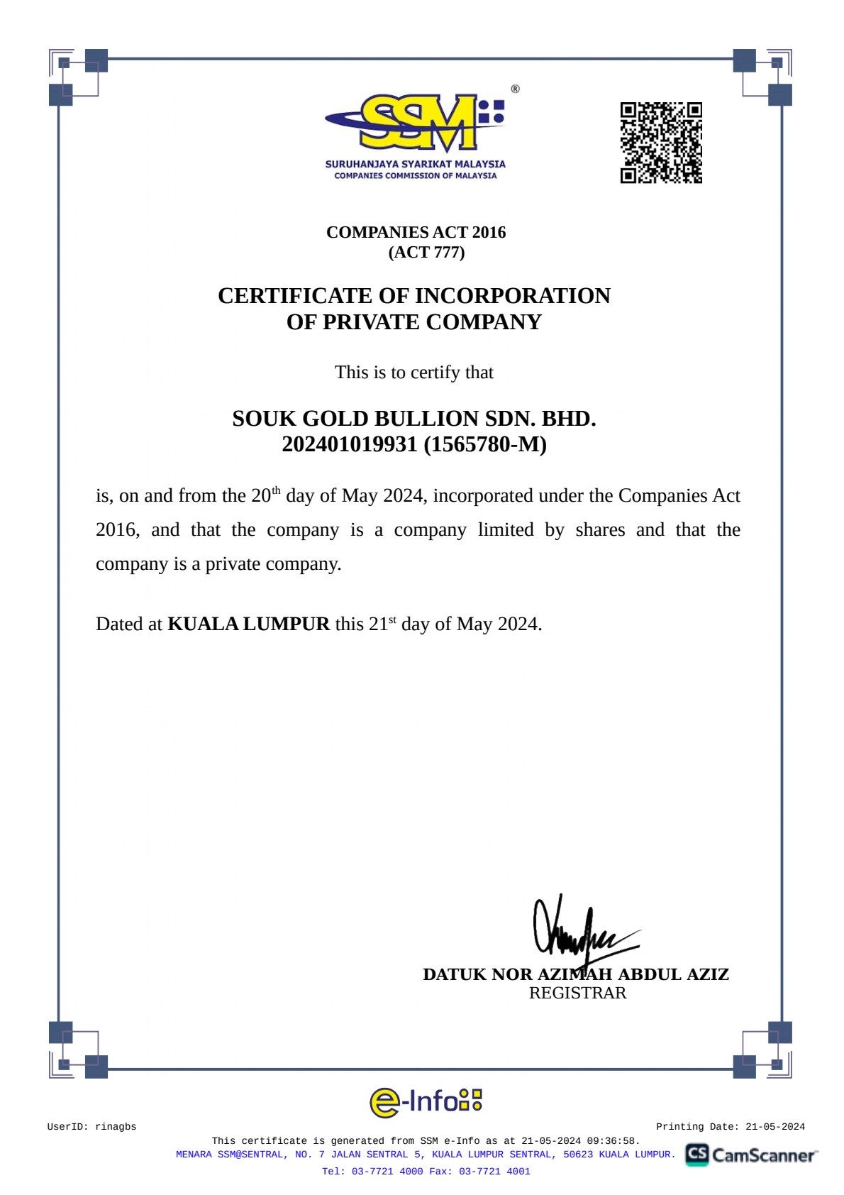 SSM Certificate of Incorporation · Souk Gold Bullion Sdn. Bhd.